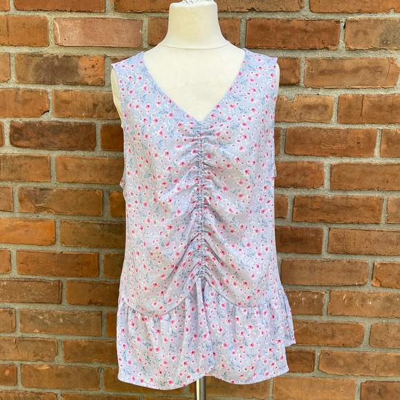 Fun Memories Floral Ruched Front Top with Ruffle Cap Sleeves in Blue Mix